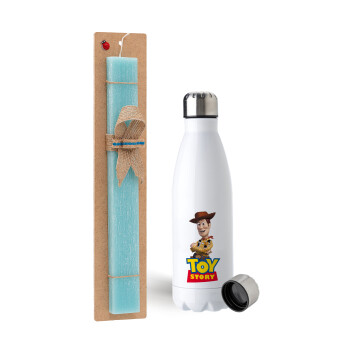 Woody cowboy, Easter Set, metallic stainless steel water bottle (750ml) & aromatic flat Easter candle (30cm) (TURQUOISE)