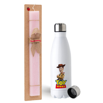 Woody cowboy, Easter Set, metallic stainless steel water bottle (750ml) & scented flat Easter candle (30cm) (PINK)