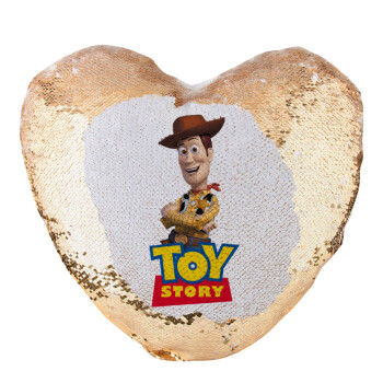 Woody cowboy, Μαξιλάρι καναπέ καρδιά Μαγικό Χρυσό με πούλιες 40x40cm περιέχεται το  γέμισμα