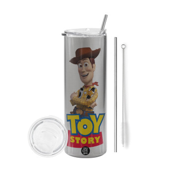Woody cowboy, Eco friendly stainless steel Silver tumbler 600ml, with metal straw & cleaning brush