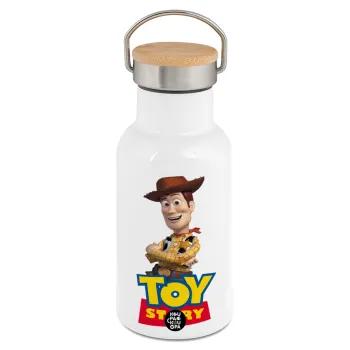 Woody cowboy, Metallic thermos (Stainless steel) White with wooden lid (bamboo), double-walled, 350ml