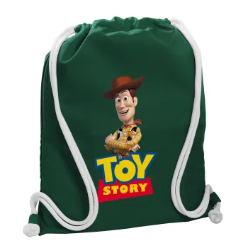 Woody cowboy, Τσάντα πλάτης πουγκί GYMBAG BOTTLE GREEN, με τσέπη (40x48cm) & χονδρά λευκά κορδόνια