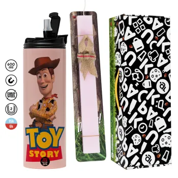 Woody cowboy, Πασχαλινή Λαμπάδα με  ΡΟΖ Travel Tumbler θερμό (600ml, BPA free) & κερί αρωματικό πλακέ (30cm) (ΡΟΖ)