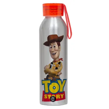 Woody cowboy, Αλουμινένιο Αθλητικό Μπουκάλι 650ml – Ασημί με Κόκκινο Καπάκι και Λουράκι Σιλικόνης