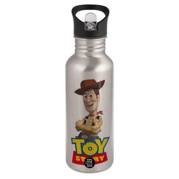Woody cowboy, Water bottle Silver with straw, stainless steel 600ml