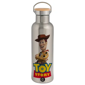 Woody cowboy, Μεταλλικό παγούρι θερμός (Stainless steel) Ασημένιο με ξύλινο καπακι (bamboo), διπλού τοιχώματος, 750ml