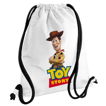 Woody cowboy, Τσάντα πλάτης πουγκί GYMBAG λευκή, με τσέπη (40x48cm) & χονδρά κορδόνια