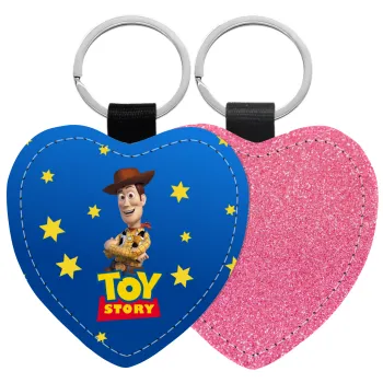 Woody cowboy, Μπρελόκ PU δερμάτινο glitter καρδιά ΡΟΖ