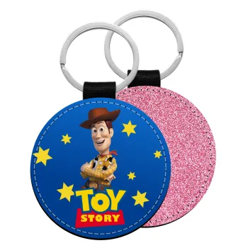 Woody cowboy, Μπρελόκ Δερματίνη, στρογγυλό ΡΟΖ (5cm)