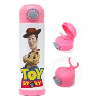 Woody cowboy, Παιδικό παγούρι θερμό, ανοξείδωτο, με καλαμάκι ασφαλείας, ΡΟΖ (500ml)