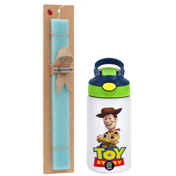 Woody cowboy, Easter Set, Children's thermal stainless steel bottle with safety straw, green/blue (350ml) & aromatic flat Easter candle (30cm) (TURQUOISE)