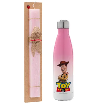 Woody cowboy, Easter Set, Metallic pink/white (Stainless steel) thermos, double-walled, 500ml & aromatic flat Easter candle (30cm) (PINK)
