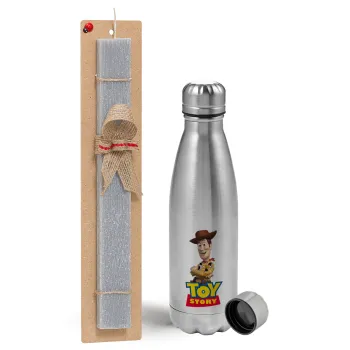 Woody cowboy, Easter Set, metallic Inox water bottle (750ml) & aromatic flat Easter candle (30cm) (GRAY)