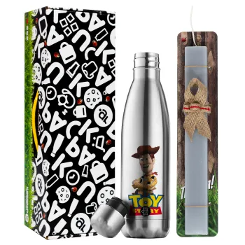 Woody cowboy, Easter Set, metallic stainless thermos flask (500ml) & scented flat Easter candle (30cm) (GRAY)