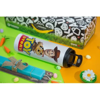 Woody cowboy, Easter candle,Travel Tumbler 2 Lids, with metal straw & cleaning brush & aromatic flat candle (30cm) (BLUE)