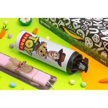 Woody cowboy, Easter candle,Travel Tumbler 2 Lids, with metal straw & cleaning brush & aromatic flat candle (30cm) (PINK)