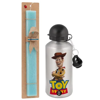 Woody cowboy, Πασχαλινή Λαμπάδα με παγούρι μεταλλικό Ασημένιο αλουμινίου (500ml) & κερί αρωματικό πλακέ (30cm) (ΤΙΡΚΟΥΑΖ)