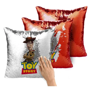 Woody cowboy, Μαξιλάρι καναπέ Μαγικό Κόκκινο με πούλιες 40x40cm περιέχεται το γέμισμα