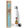 Easter Set, metallic stainless steel water bottle (750ml) & aromatic flat Easter candle (30cm) (TURQUOISE)