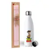 Easter Set, metallic stainless steel water bottle (750ml) & scented flat Easter candle (30cm) (PINK)