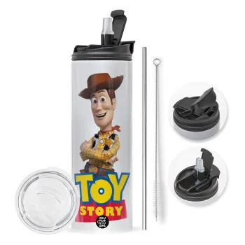 Woody cowboy, Travel Tumbler θερμό με διπλό καπάκι, μεταλλικό καλαμάκι και βούρτσα καθαρισμού (Ανωξείδωτο 304 Food grade, BPA free, 600ml)