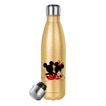 mickey and minnie hags, Glitter gold stainless steel thermos bottle, double-walled, 500ml