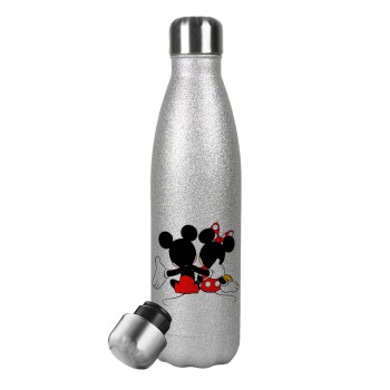 mickey and minnie hags, Μεταλλικό παγούρι θερμός Glitter Aσημένιο (Stainless steel), διπλού τοιχώματος, 500ml