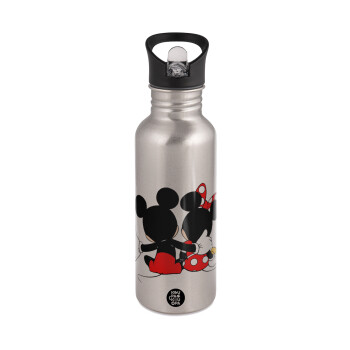 mickey and minnie hags, Water bottle Silver with straw, stainless steel 600ml