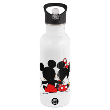 mickey and minnie hags, White water bottle with straw, stainless steel 600ml
