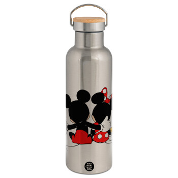mickey and minnie hags, Stainless steel Silver with wooden lid (bamboo), double wall, 750ml