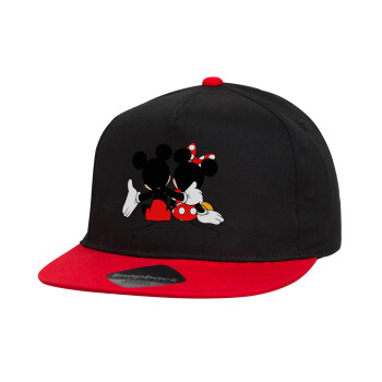 mickey and minnie hags, Children's Flat Snapback Hat, Black/Red (100% COTTON, CHILDREN'S, UNISEX, ONE SIZE)