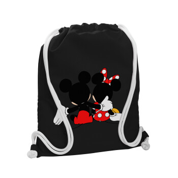 mickey and minnie hags, Τσάντα πλάτης πουγκί GYMBAG Μαύρη, με τσέπη (40x48cm) & χονδρά λευκά κορδόνια