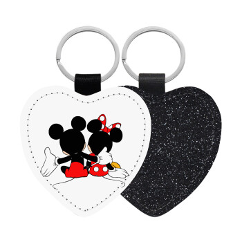 mickey and minnie hags, Μπρελόκ PU δερμάτινο glitter καρδιά ΜΑΥΡΟ