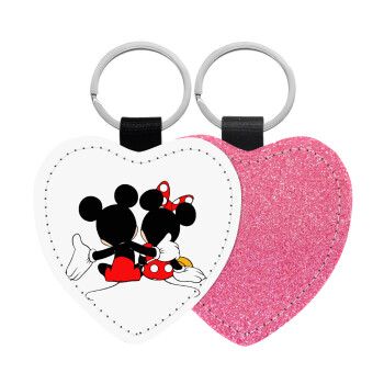 mickey and minnie hags, Μπρελόκ PU δερμάτινο glitter καρδιά ΡΟΖ
