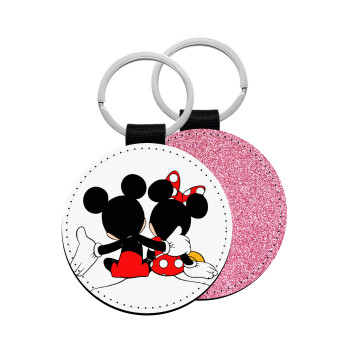 mickey and minnie hags, Μπρελόκ Δερματίνη, στρογγυλό ΡΟΖ (5cm)