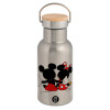 Stainless steel metallic thermos flask, silver with a bamboo lid, double-walled, 350ml.