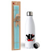 Easter Set, metallic stainless steel water bottle (750ml) & aromatic flat Easter candle (30cm) (TURQUOISE)