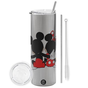 mickey and minnie hags, Eco friendly stainless steel Silver tumbler 600ml, with metal straw & cleaning brush