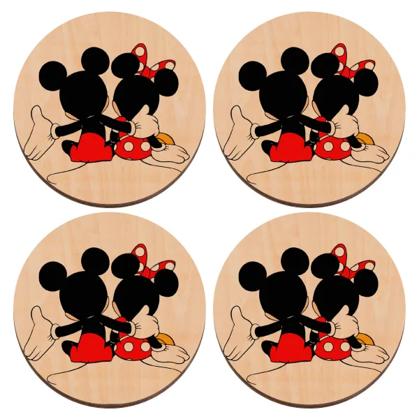 mickey and minnie hags — Σουβέρ x4 ξύλινα στρογγυλά plywood (9cm)