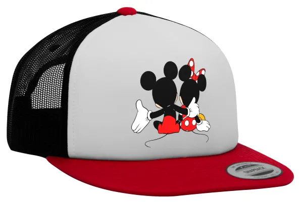 mickey and minnie hags — Adult Foam Flat Snapback with Mesh Red-White-Black (POLYESTER, ADULT, UNISEX, ONE SIZE)