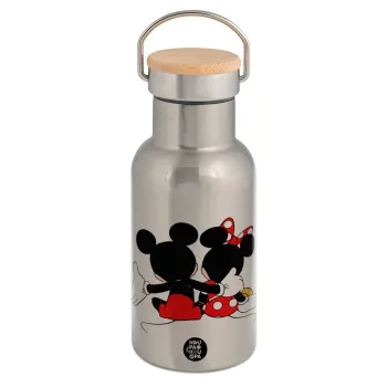 mickey and minnie hags, Μεταλλικό παγούρι θερμός (Stainless steel) Ασημένιο με ξύλινο καπακι (bamboo), διπλού τοιχώματος, 350ml