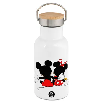 mickey and minnie hags, Metallic thermos (Stainless steel) White with wooden lid (bamboo), double-walled, 350ml