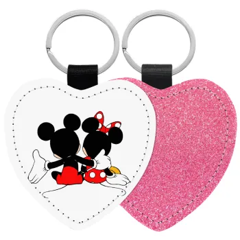 mickey and minnie hags, Μπρελόκ PU δερμάτινο glitter καρδιά ΡΟΖ
