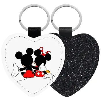 mickey and minnie hags, Μπρελόκ PU δερμάτινο glitter καρδιά ΜΑΥΡΟ