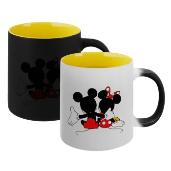 mickey and minnie hags, Κούπα Μαγική εσωτερικό κίτρινη, κεραμική 330ml που αλλάζει χρώμα με το ζεστό ρόφημα