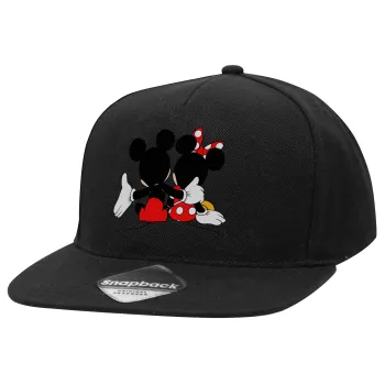 mickey and minnie hags, Adult Flat Snapback Hat Black, (100% COTTON TWILL, ADULT, UNISEX, ONE SIZE)