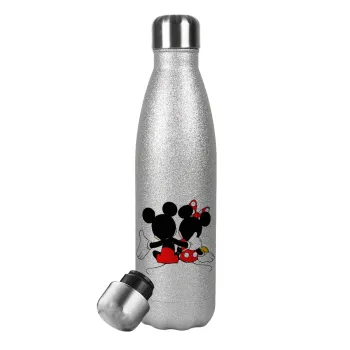 mickey and minnie hags, Metallic Glitter Silver Thermos Flask (Stainless steel), double-walled, 500ml