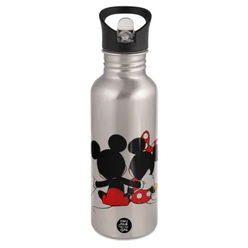 mickey and minnie hags, Παγούρι νερού Ασημένιο με καλαμάκι, ανοξείδωτο ατσάλι 600ml