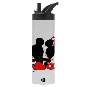 mickey and minnie hags, Μεταλλικό παγούρι θερμός με καλαμάκι & χειρολαβή, ανοξείδωτο ατσάλι (Stainless steel 304), διπλού τοιχώματος, 600ml