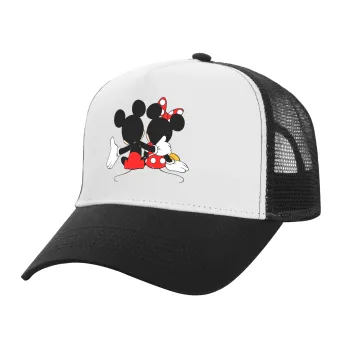 mickey and minnie hags, Adult Structured Trucker Hat, with Mesh, WHITE/BLACK (100% COTTON, ADULT, UNISEX, ONE SIZE)